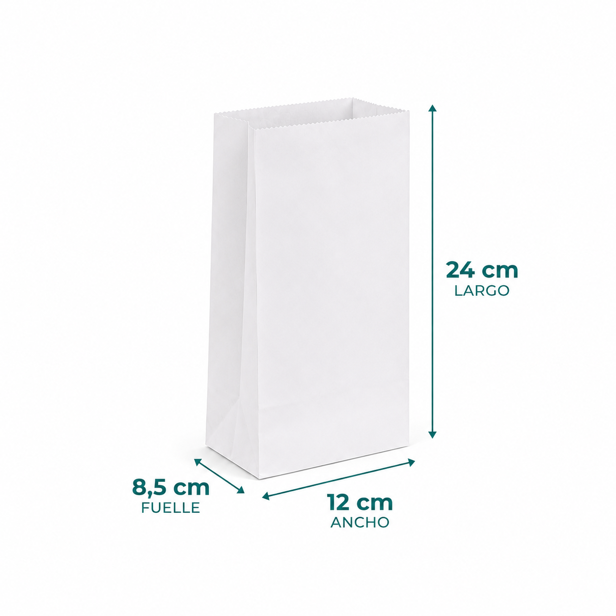 Saco Papel 1/2 Kilo Blanco - 24 cm largo x 12 cm ancho x 8,5 cm fuelle
