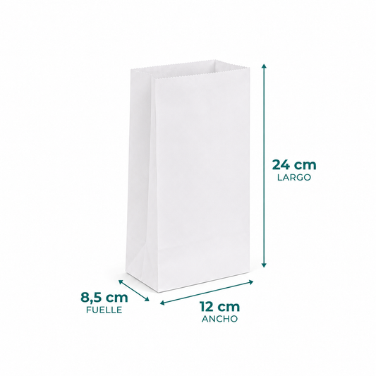 Saco Papel 1/2 Kilo Blanco - 24 cm largo x 12 cm ancho x 8,5 cm fuelle