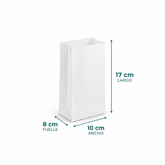 Saco Papel 1/4 Kilo Blanco - 17 cm largo x 10 cm ancho x 8 cm fuelle