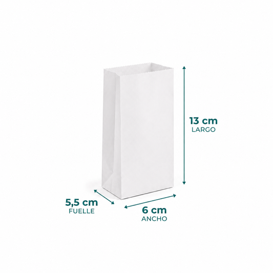 Saco Papel 1/8 Kilo Blanco - 13 cm largo x 6 cm ancho x 5,5 cm fuelle
