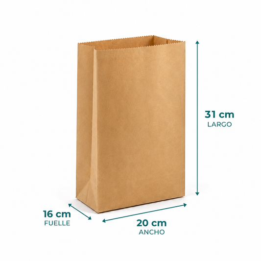 Saco Papel 2 Kilos Kraft - 31 cm largo x 20 cm ancho x 16 cm fuelle