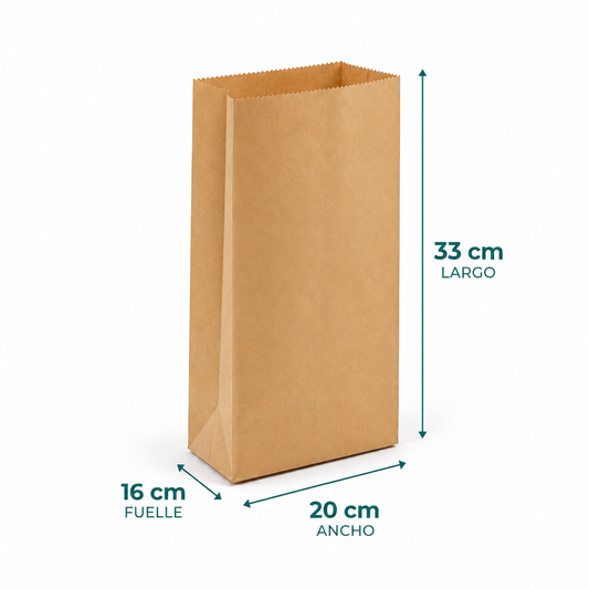 Saco Papel 3 Kilos Kraft - 33 cm largo x 20 cm ancho x 16 cm fuelle